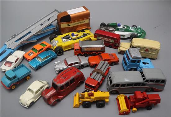 A collection of Matchbox cars including an orange 89 Mustang and other Dinky etc.